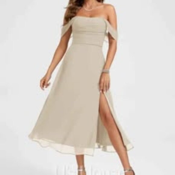 NEW!  Size Medium - Sand - A Line off the shoulder Chiffon Cocktail Dress - Picture 1 of 3